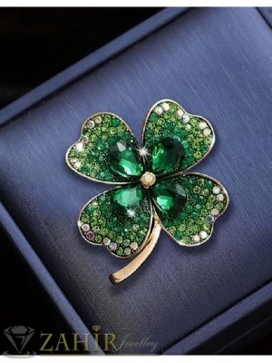 Кристална брошка ТАЛИСМАН - четирилистна детелина с преливащи зелени кристали на златиста основа, размер 3,5 на 4 см - B1493